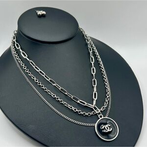 Silver Layered & Black Enameled Pendant Necklace